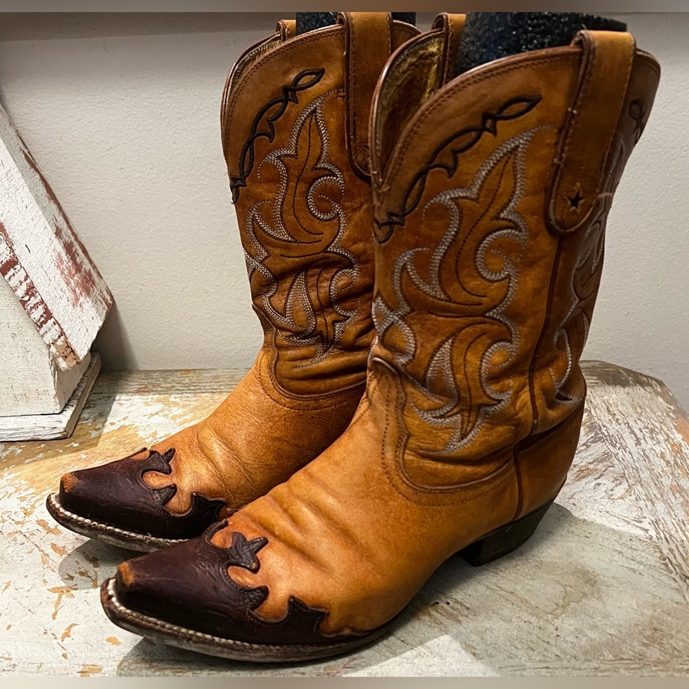 Tony Lama Two-Tone Tan and Dark Brown Western Heeled Cowboy Boots